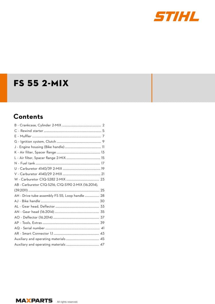 Cover of the STIHL FS 55 2-MIX illustrated parts catalogue PDF, showing the model name and contents.