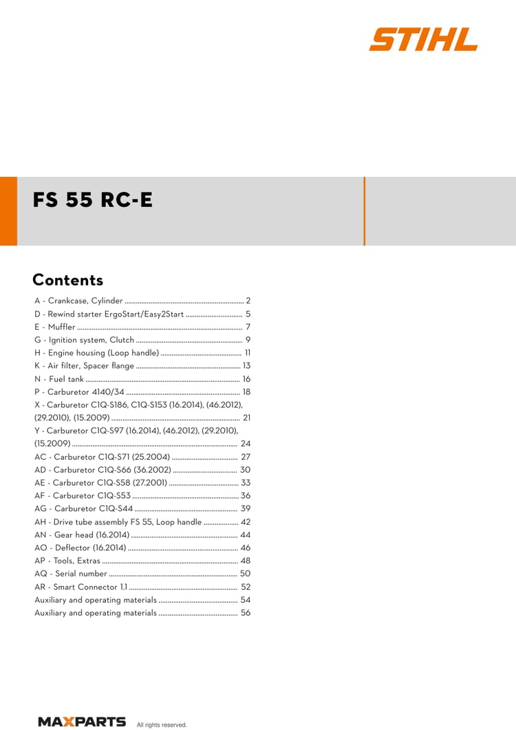 Cover of the STIHL FS 55 RC-E illustrated parts catalogue PDF, showing the model name and contents.