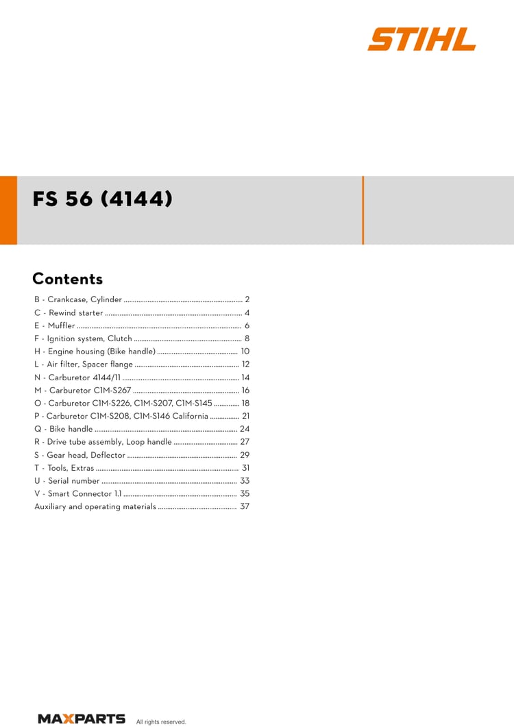 Cover of the STIHL FS 56 (4144) illustrated parts catalogue PDF, showing the model name and contents.