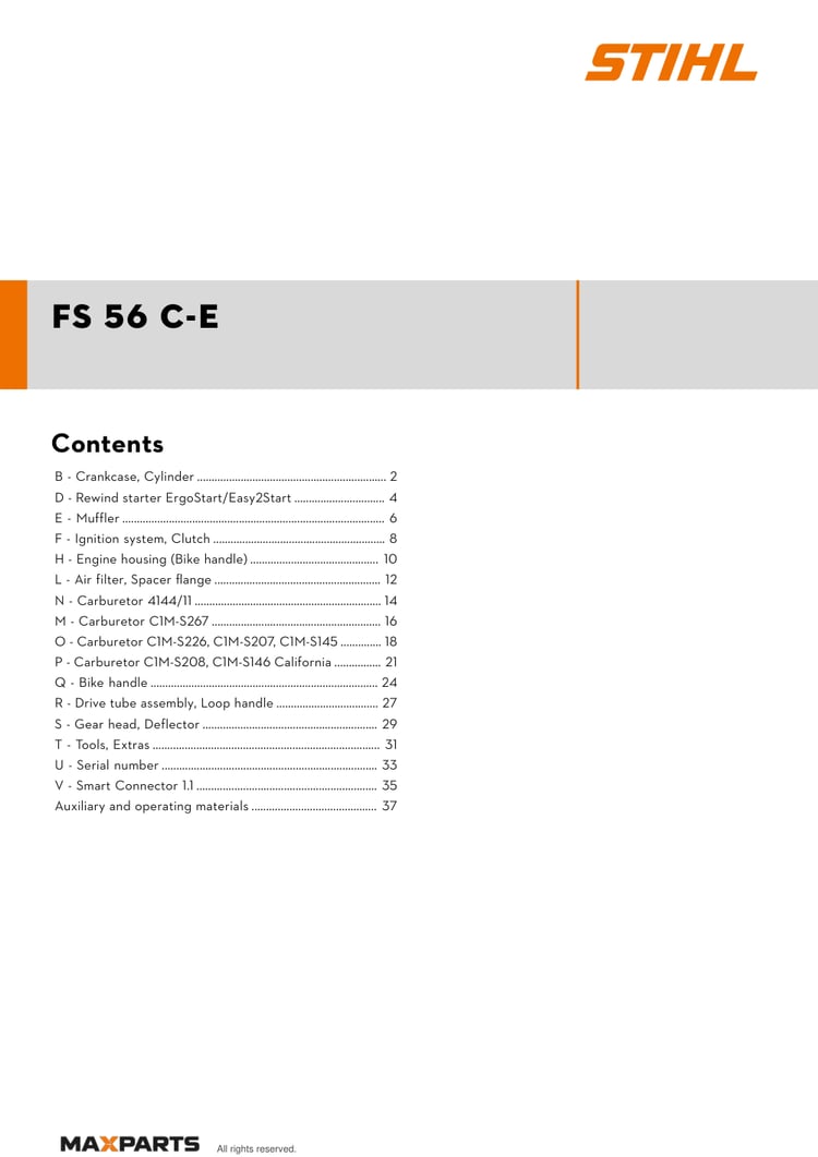 Cover of the STIHL FS 56 C-E illustrated parts catalogue PDF, showing the model name and contents.