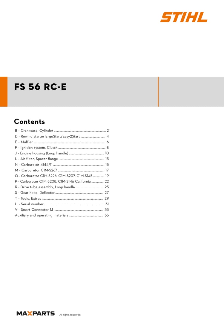 Cover of the STIHL FS 56 RC-E illustrated parts catalogue PDF, showing the model name and contents.