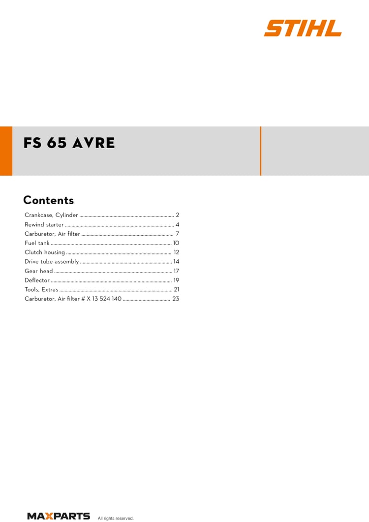 Cover of the STIHL FS 65 AVRE illustrated parts catalogue PDF, showing the model name and contents.