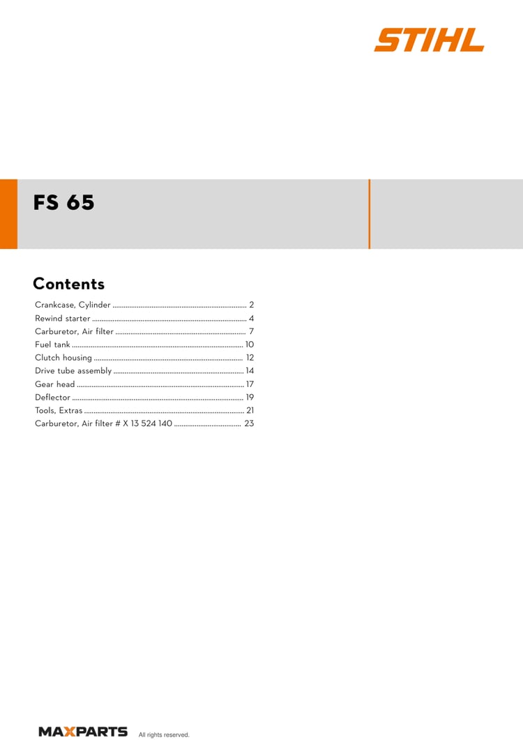 Cover of the STIHL FS 65 illustrated parts catalogue PDF, showing the model name and contents.