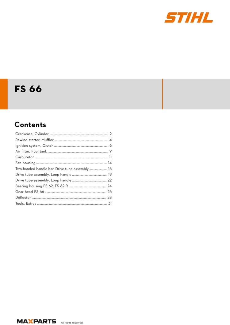 Cover of the STIHL FS 66 illustrated parts catalogue PDF, showing the model name and contents.