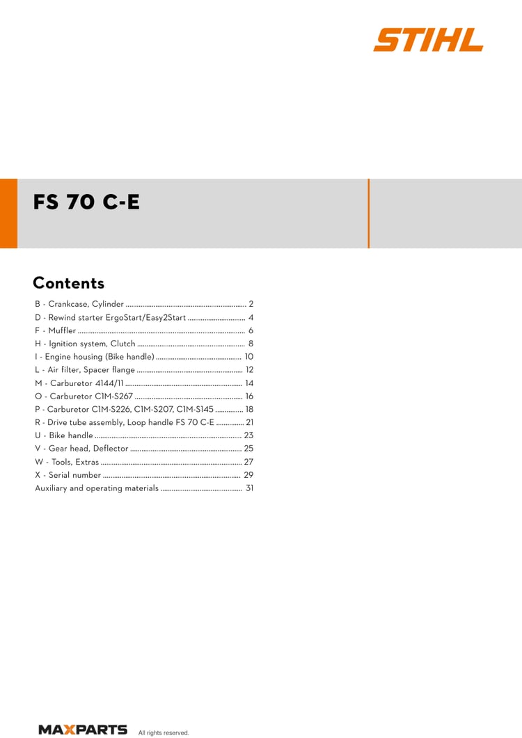 Cover of the STIHL FS 70 C-E illustrated parts catalogue PDF, showing the model name and contents.