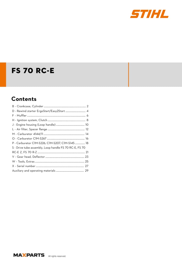Cover of the STIHL FS 70 RC-E illustrated parts catalogue PDF, showing the model name and contents.