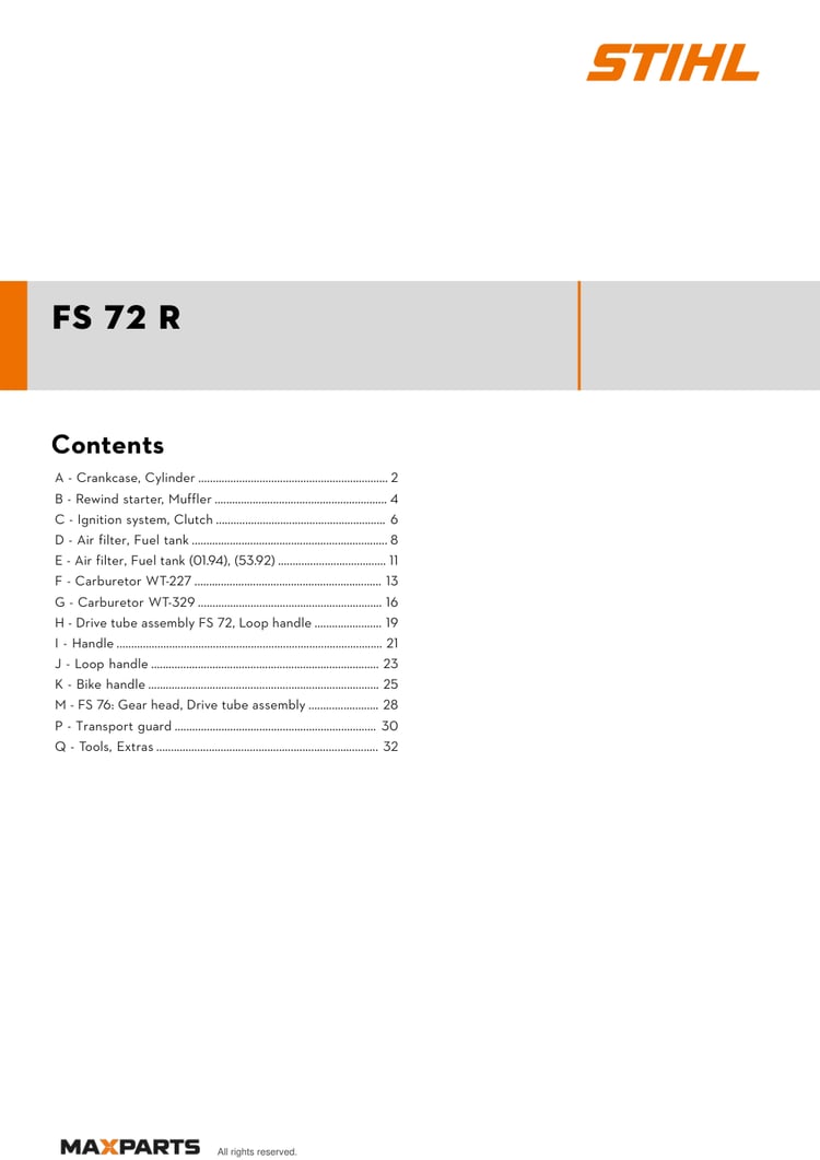Cover of the STIHL FS 72 R illustrated parts catalogue PDF, showing the model name and contents.