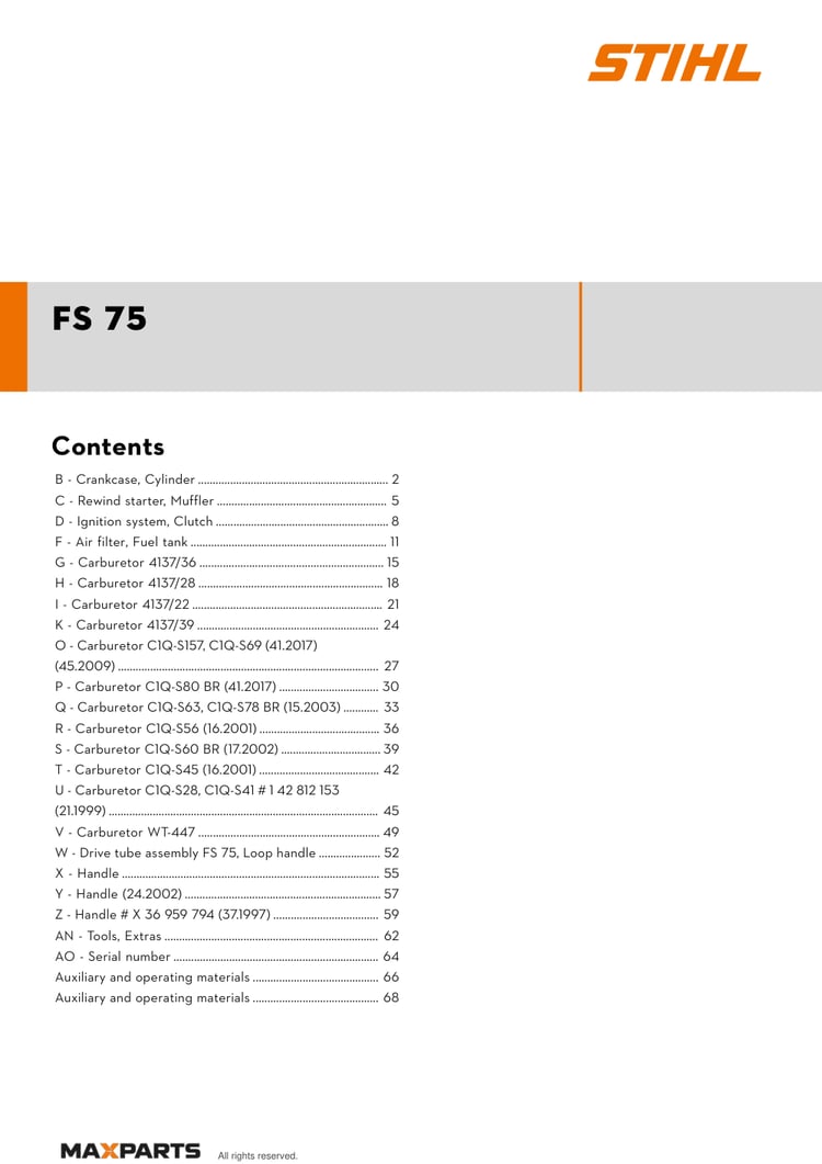 Cover of the STIHL FS 75 illustrated parts catalogue PDF, showing the model name and contents.