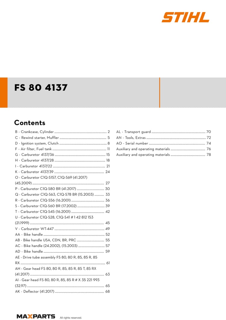 Cover of the STIHL FS 80 4137 illustrated parts catalogue PDF, showing the model name and contents.