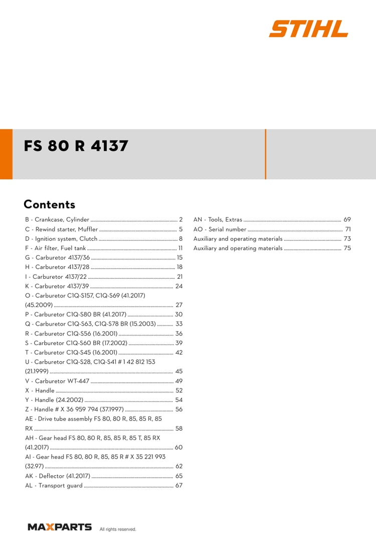 Cover of the STIHL FS 80 R 4137 illustrated parts catalogue PDF, showing the model name and contents.