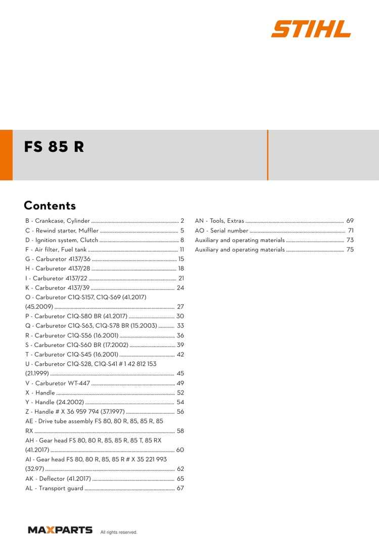 Cover of the STIHL FS 85 R illustrated parts catalogue PDF, showing the model name and contents.