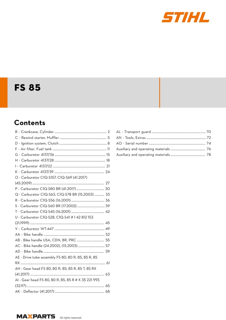 Cover of the STIHL FS 85 illustrated parts catalogue PDF, showing the model name and contents.