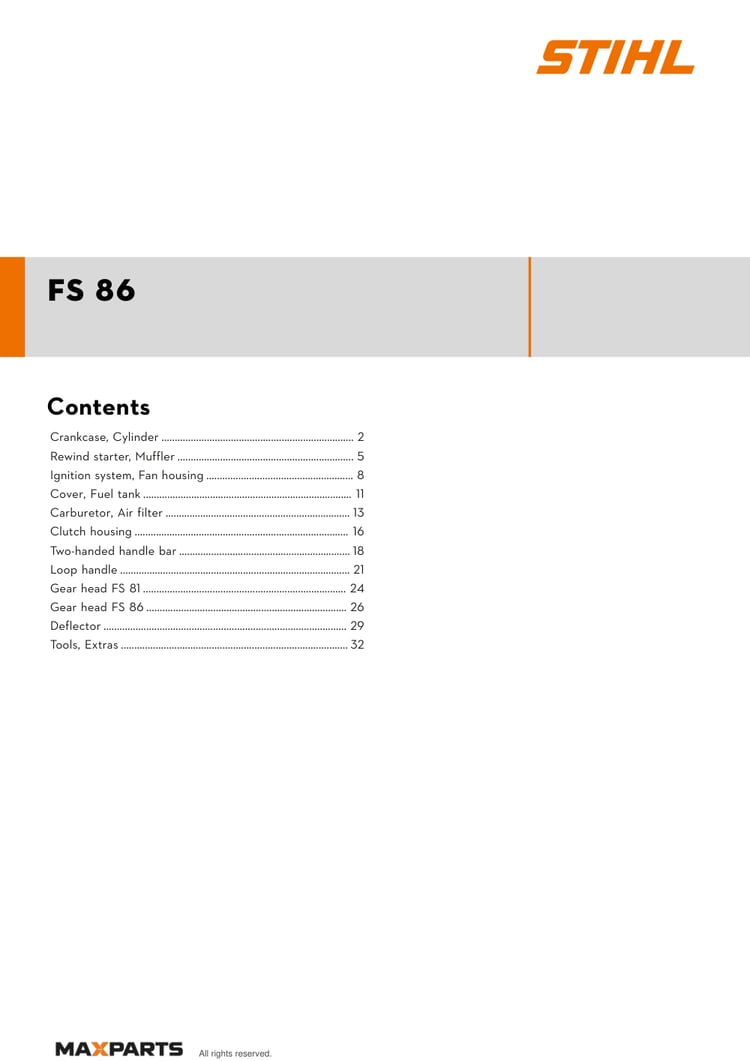 Cover of the STIHL FS 86 illustrated parts catalogue PDF, showing the model name and contents.
