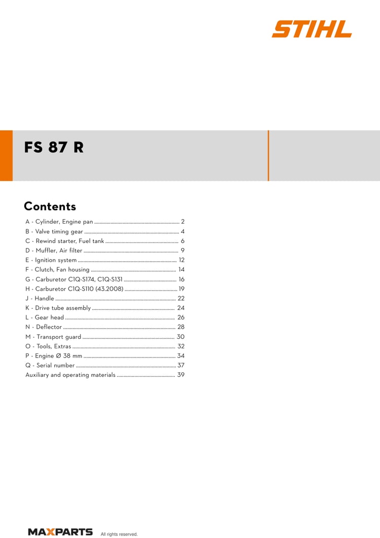 Cover of the STIHL FS 87 R illustrated parts catalogue PDF, showing the model name and contents.