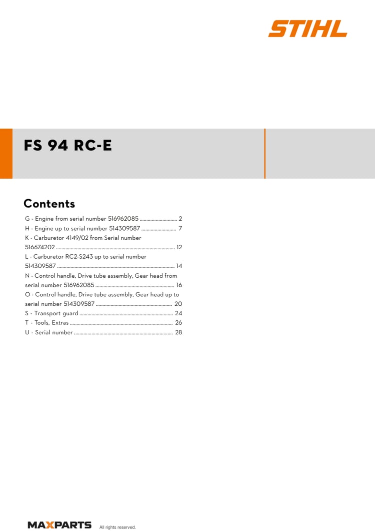 Cover of the STIHL FS 94 RC-E illustrated parts catalogue PDF, showing the model name and contents.