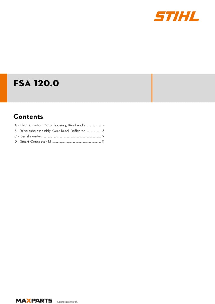 Cover of the STIHL FSA 120.0 illustrated parts catalogue PDF, showing the model name and contents.