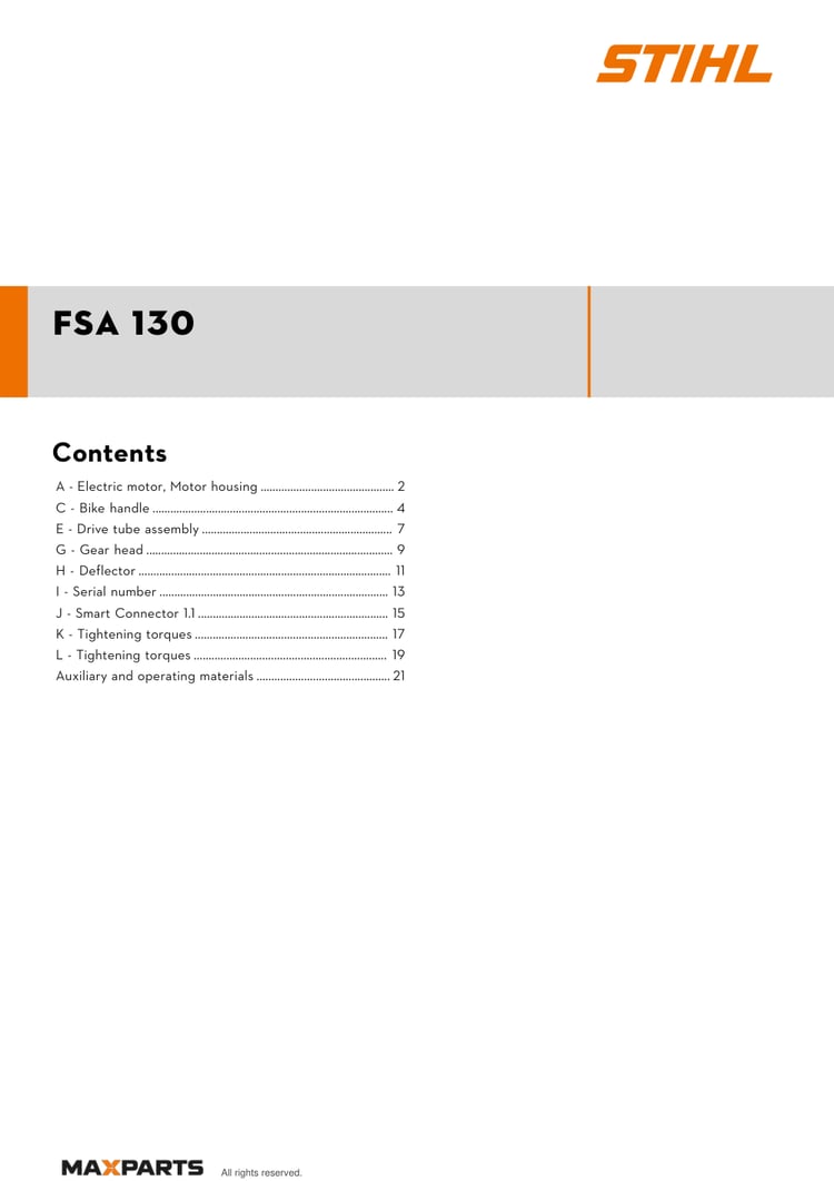 Cover of the STIHL FSA 130 illustrated parts catalogue PDF, showing the model name and contents.
