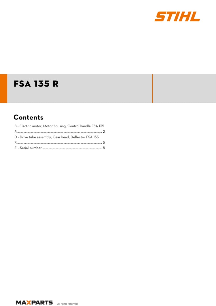 Cover of the STIHL FSA 135 R illustrated parts catalogue PDF, showing the model name and contents.