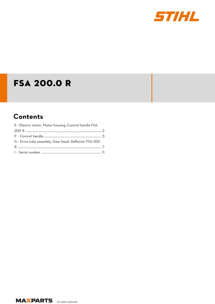 Cover of the STIHL FSA 200.0 R illustrated parts catalogue PDF, showing the model name and contents.