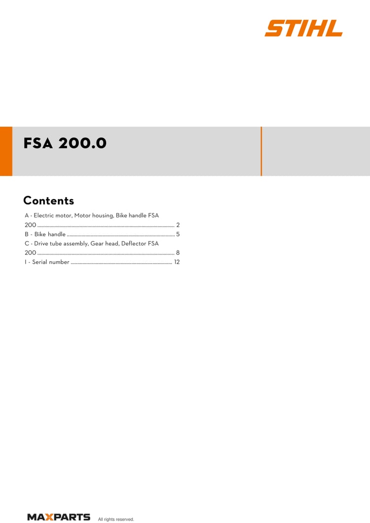 Cover of the STIHL FSA 200.0 illustrated parts catalogue PDF, showing the model name and contents.