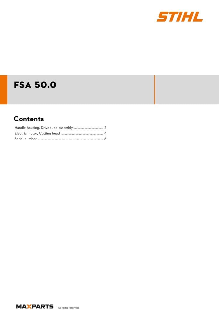 Cover of the STIHL FSA 50.0 illustrated parts catalogue PDF, showing the model name and contents.