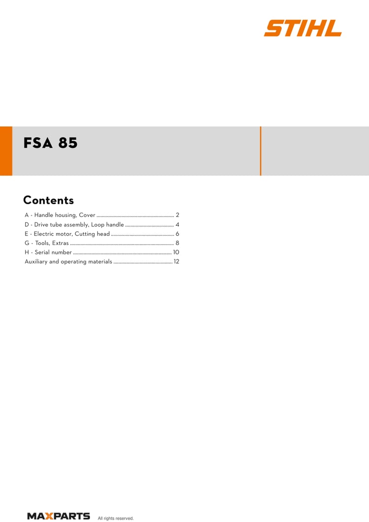 Cover of the STIHL FSA 85 illustrated parts catalogue PDF, showing the model name and contents.