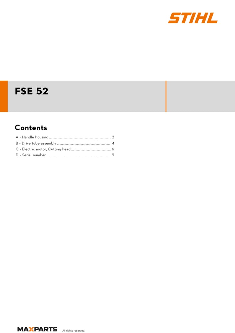 Cover of the STIHL FSE 52 illustrated parts catalogue PDF, showing the model name and contents.