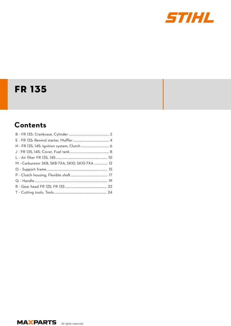 Cover of the STIHL FR 135 illustrated parts catalogue PDF, showing the model name and contents.