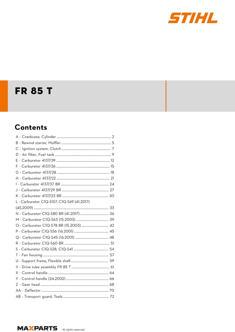 Cover of the STIHL FR 85 T illustrated parts catalogue PDF, showing the model name and contents.