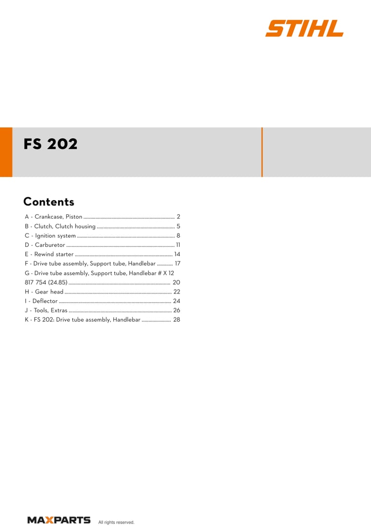 Cover of the STIHL FS 202 illustrated parts catalogue PDF, showing the model name and contents.