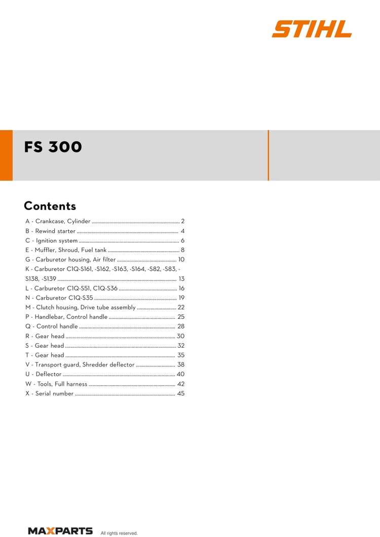Cover of the STIHL FS 300 illustrated parts catalogue PDF, showing the model name and contents.