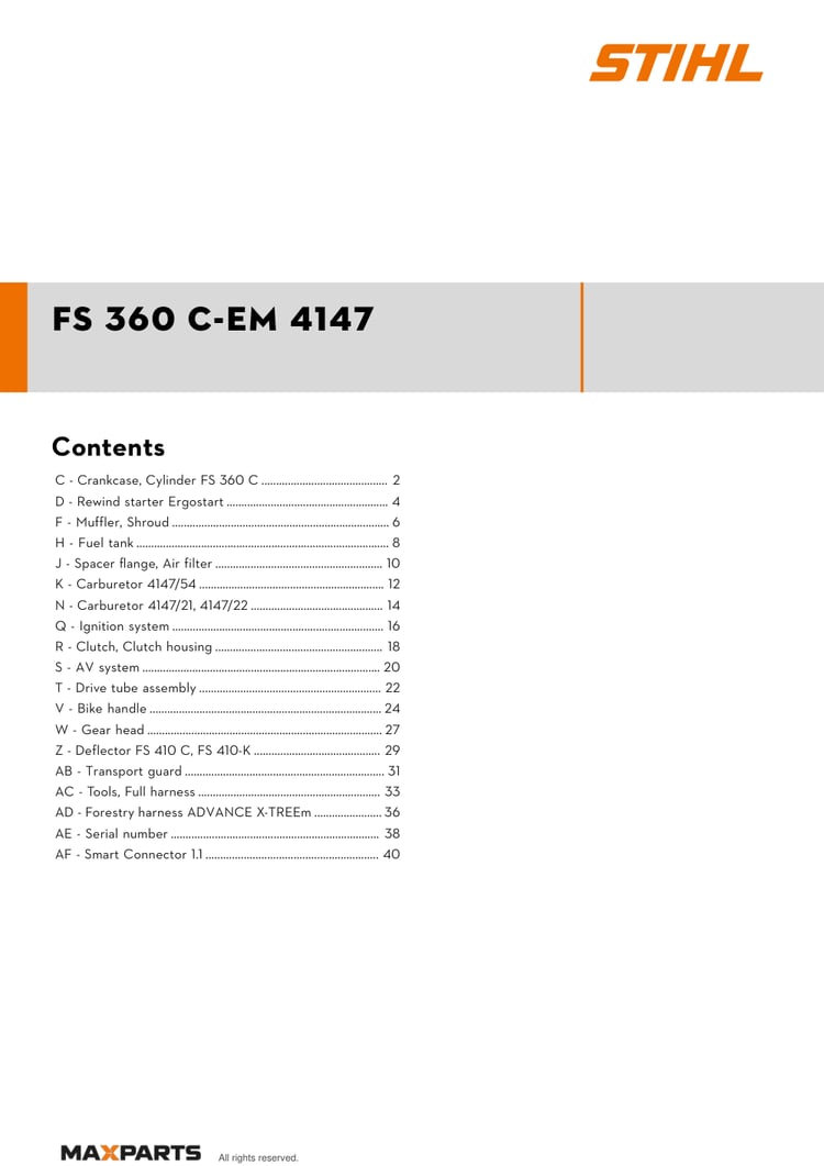 Cover of the STIHL FS 360 C-EM 4147 illustrated parts catalogue PDF, showing the model name and contents.