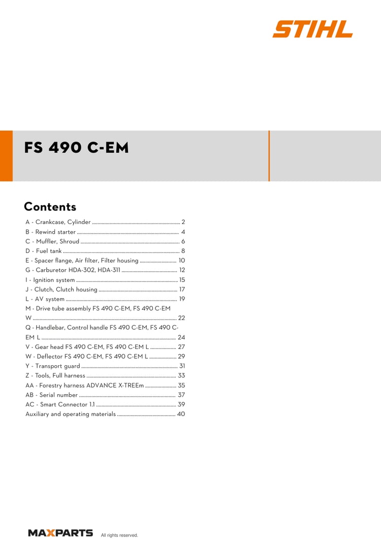 Cover of the STIHL FS 490 C-EM illustrated parts catalogue PDF, showing the model name and contents.