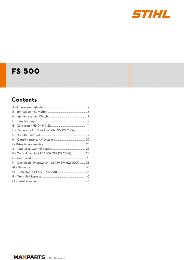 Cover of the STIHL FS 500 illustrated parts catalogue PDF, showing the model name and contents.