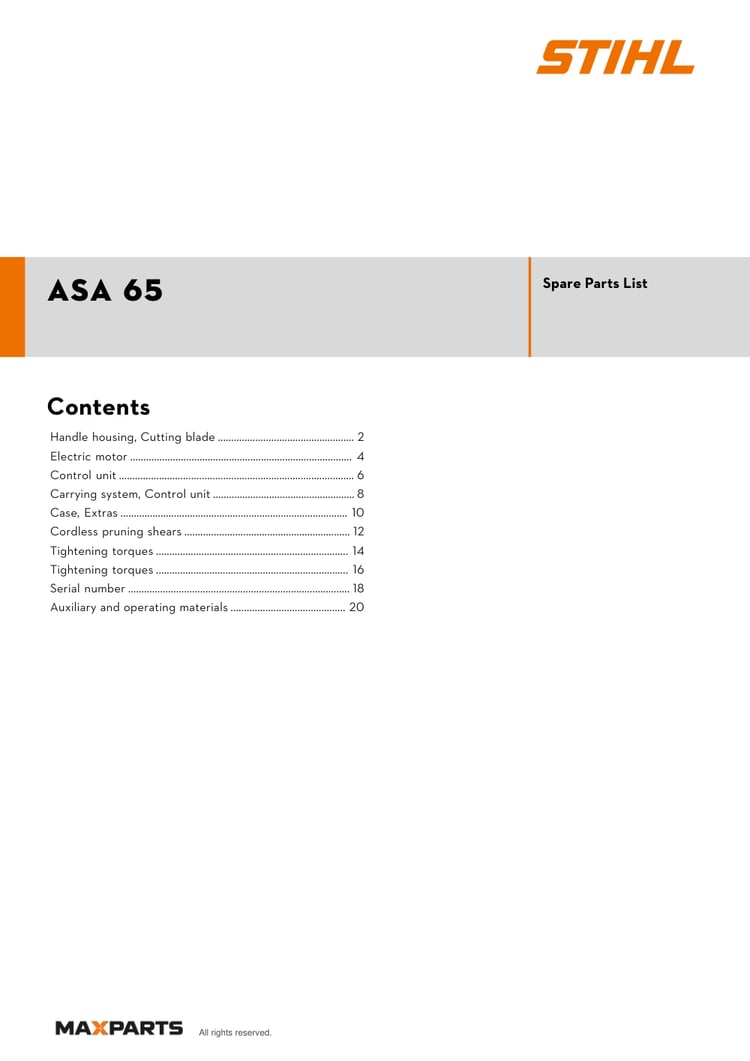 Cover of the STIHL ASA 65 illustrated parts catalogue PDF, showing the model name and contents.