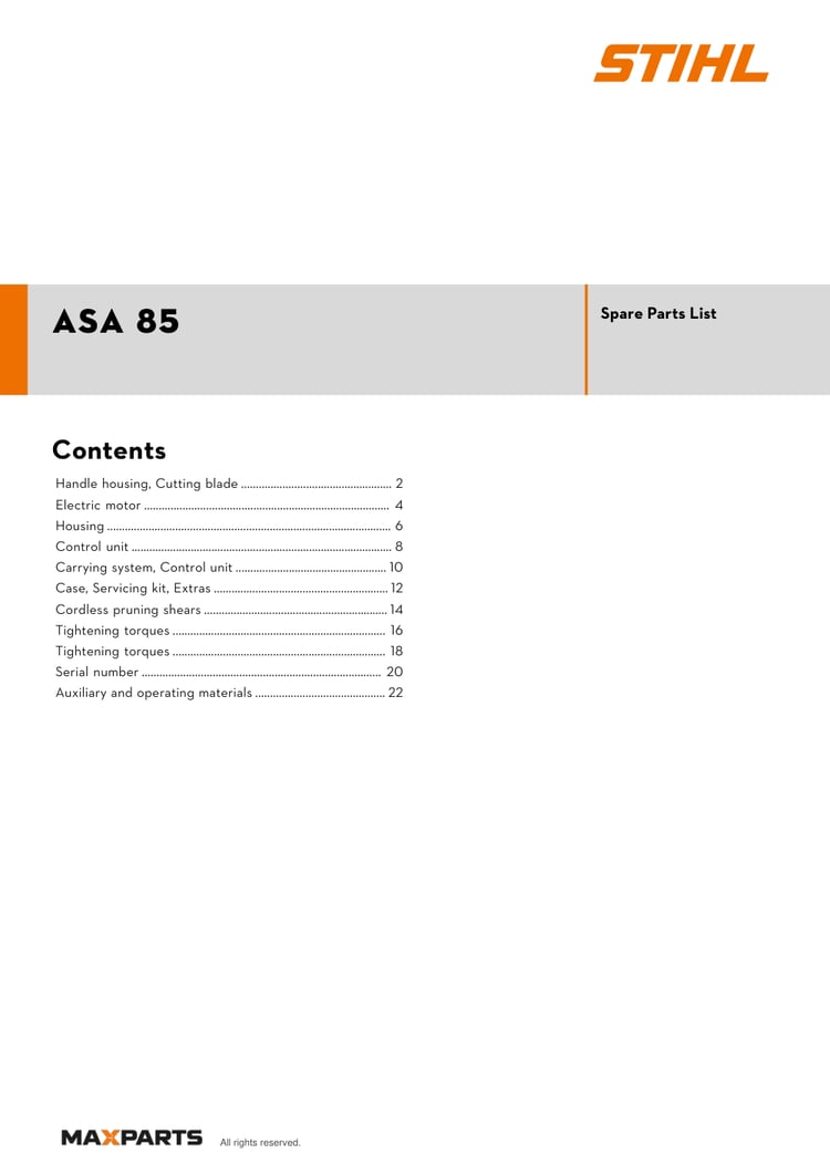 Cover of the STIHL ASA 85 illustrated parts catalogue PDF, showing the model name and contents.