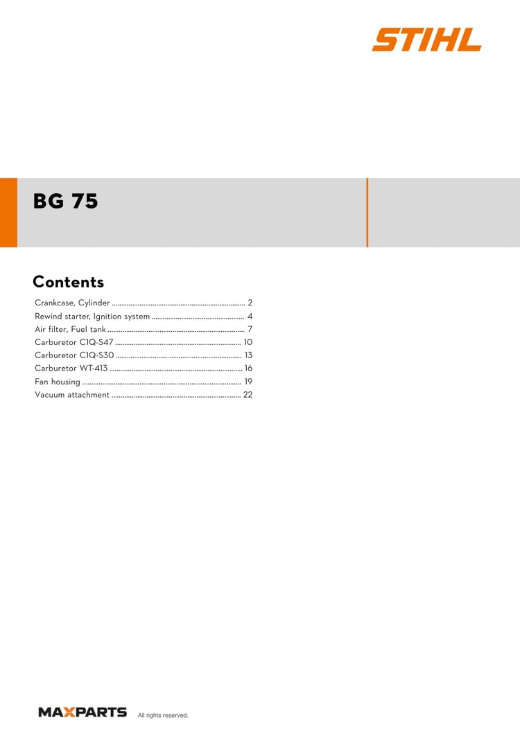 Cover of the STIHL BG 75 illustrated parts catalogue PDF, showing the model name and contents.