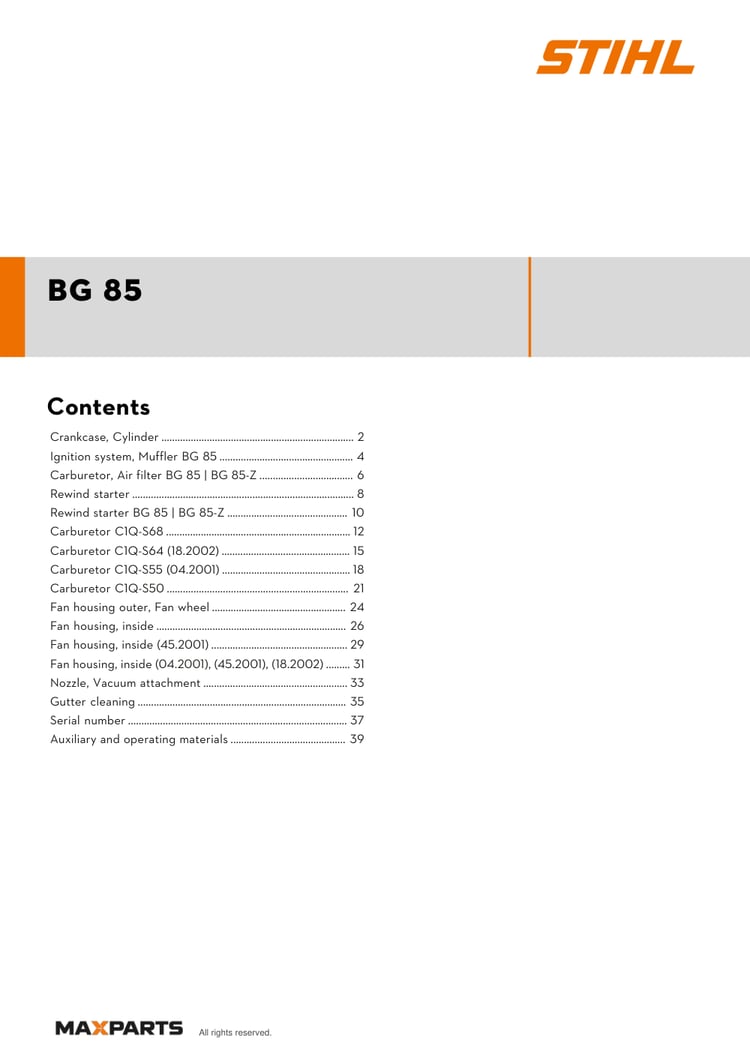 Cover of the STIHL BG 85 illustrated parts catalogue PDF, showing the model name and contents.