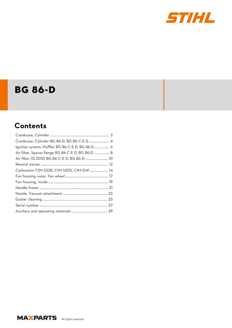Cover of the STIHL BG 86-D illustrated parts catalogue PDF, showing the model name and contents.