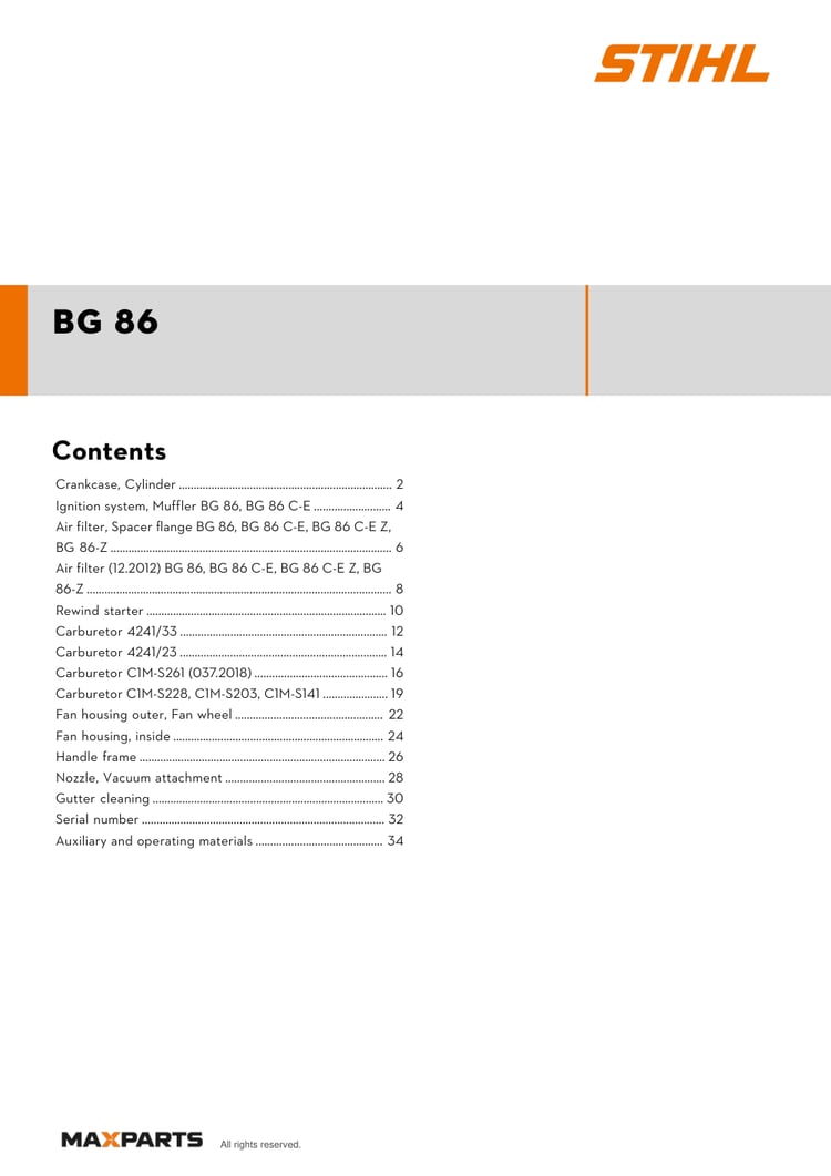 Cover of the STIHL BG 86 illustrated parts catalogue PDF, showing the model name and contents.