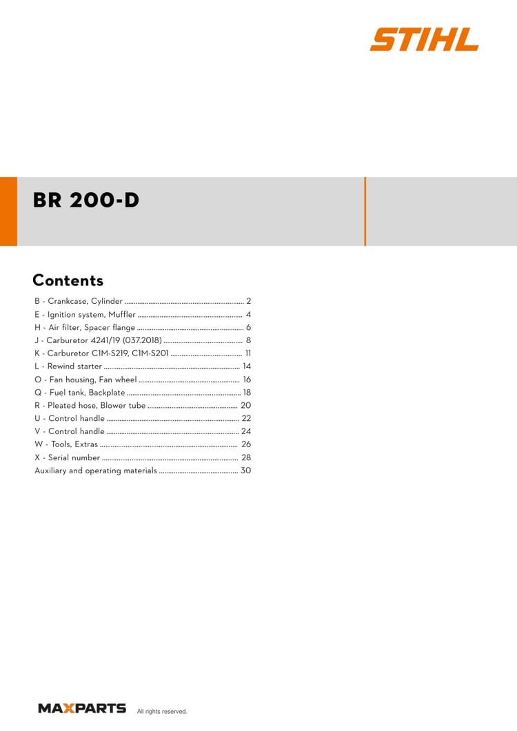 Cover of the STIHL BR 200-D illustrated parts catalogue PDF, showing the model name and contents.