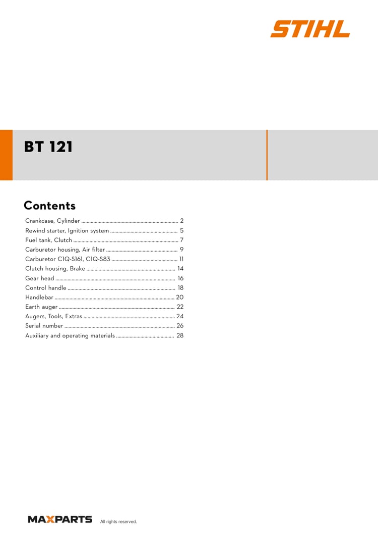 Cover of the STIHL BT 121 illustrated parts catalogue PDF, showing the model name and contents.
