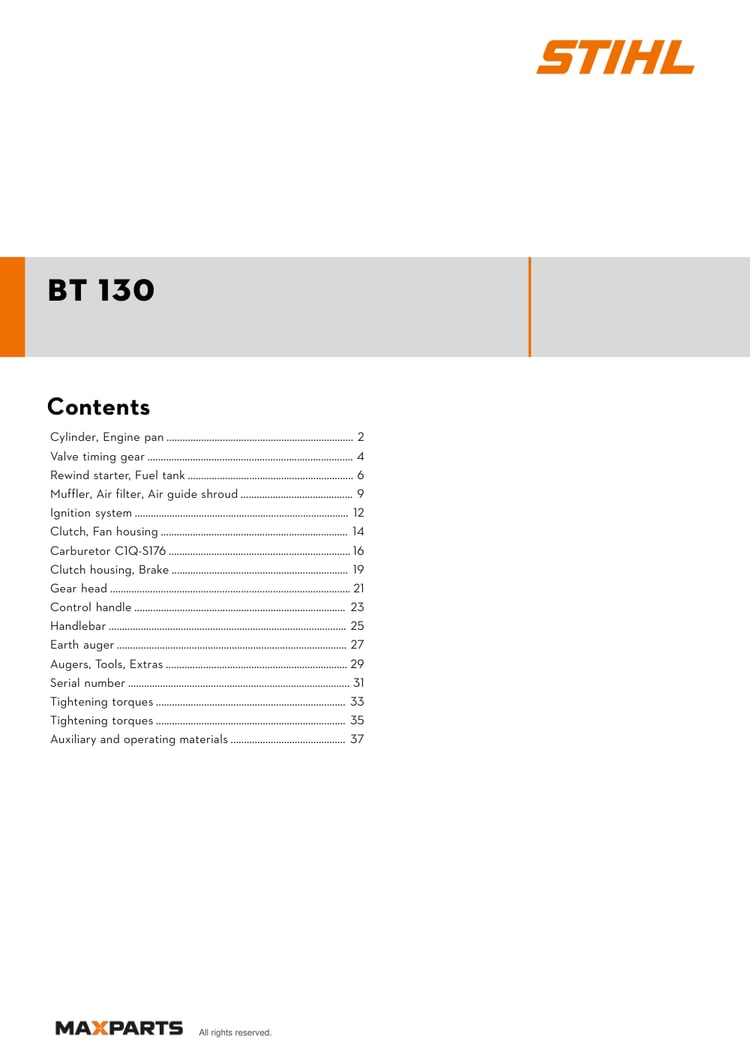 Cover of the STIHL BT 130 illustrated parts catalogue PDF, showing the model name and contents.