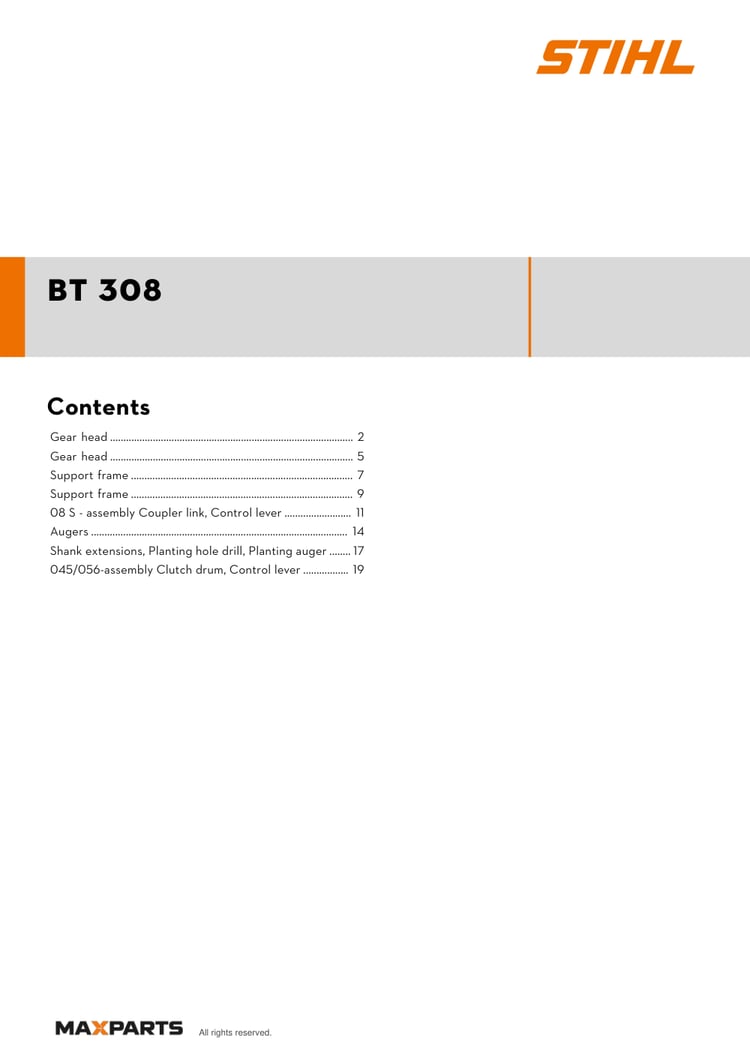 Cover of the STIHL BT 308 illustrated parts catalogue PDF, showing the model name and contents.
