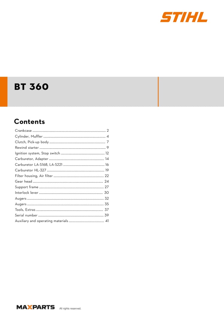 Cover of the STIHL BT 360 illustrated parts catalogue PDF, showing the model name and contents.