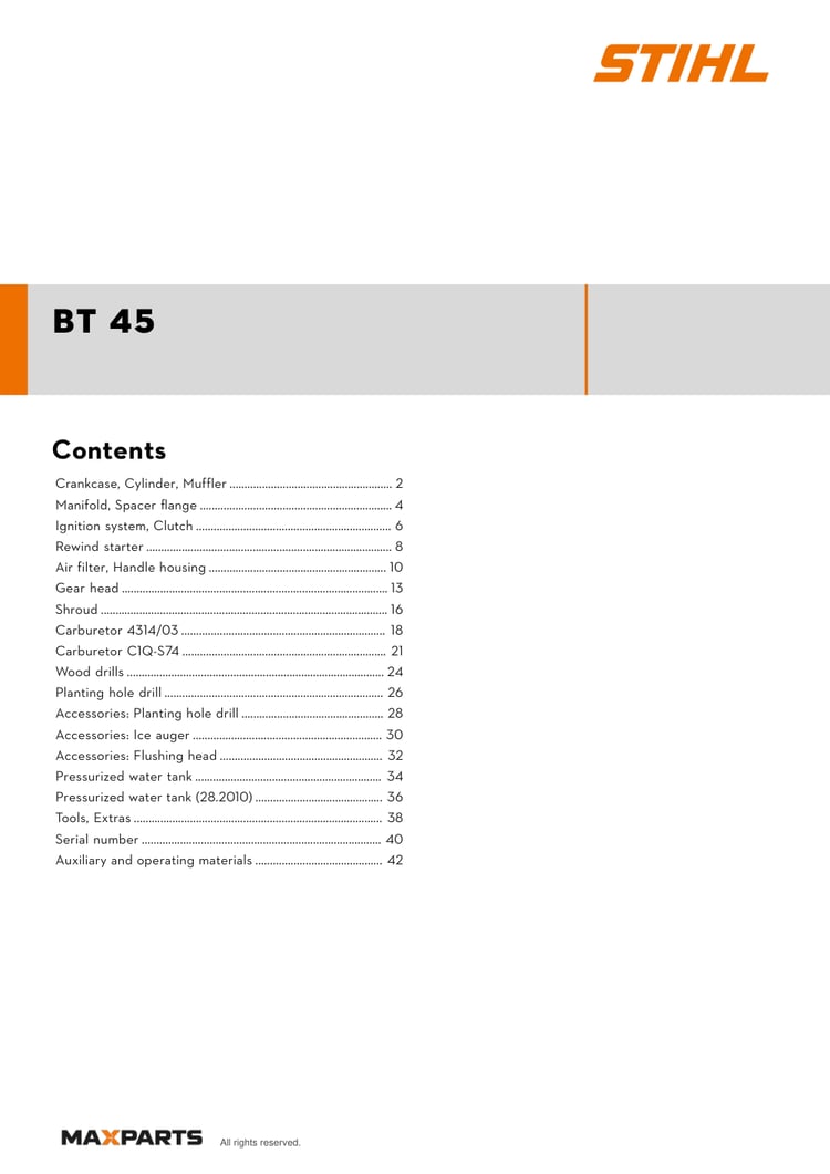 Cover of the STIHL BT 45 illustrated parts catalogue PDF, showing the model name and contents.