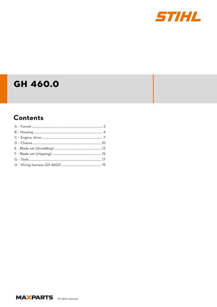 Cover of the STIHL GH 460.0 illustrated parts catalogue PDF, showing the model name and contents.