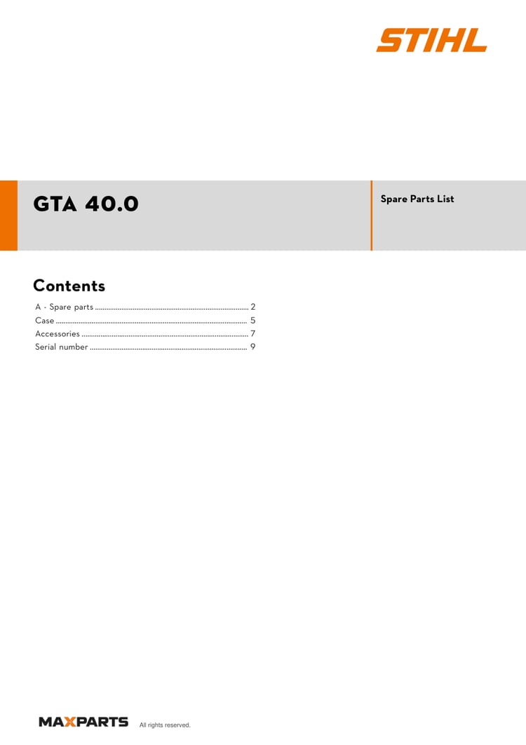 Cover of the STIHL GTA 40.0 illustrated parts catalogue PDF, showing the model name and contents.