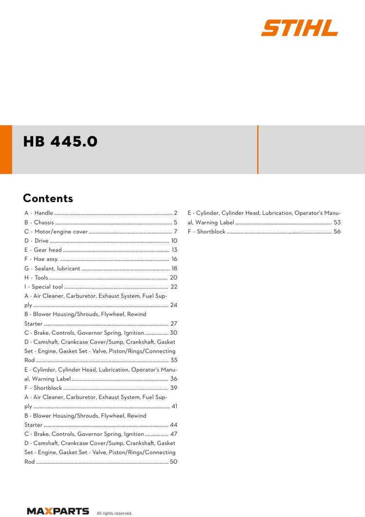 Cover of the VIKING HB 445.0 illustrated parts catalogue PDF, showing the model name and contents.