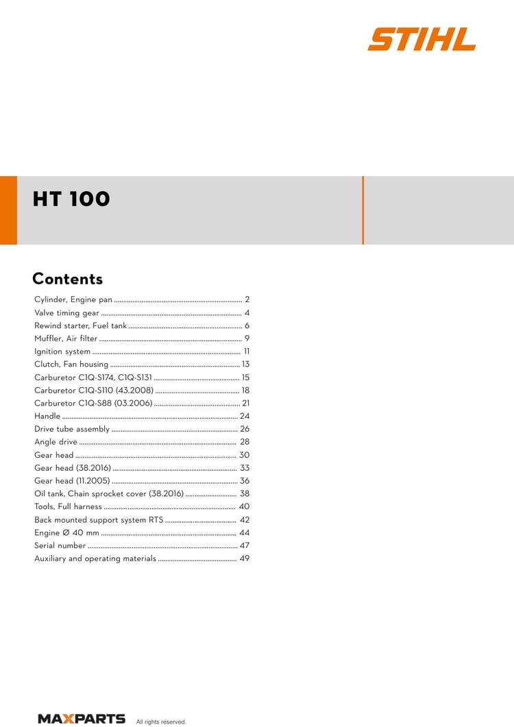 Cover of the STIHL HT 100 illustrated parts catalogue PDF, showing the model name and contents.